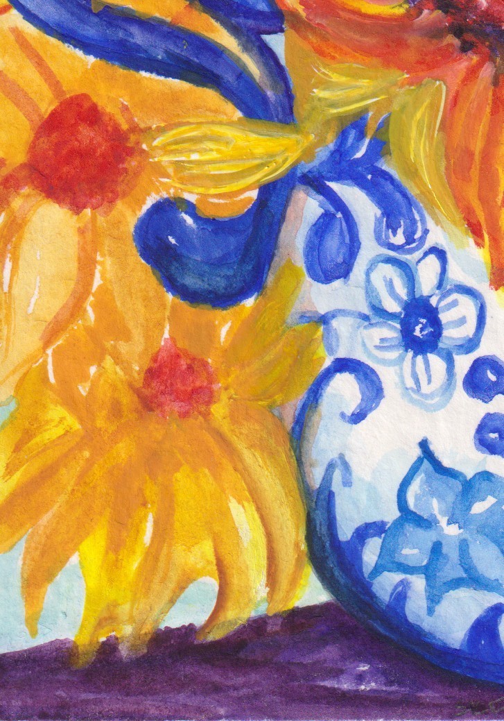 Original ACEO Sunflowers, Blue & White Vase Watercolor Painting, Sharon Foster