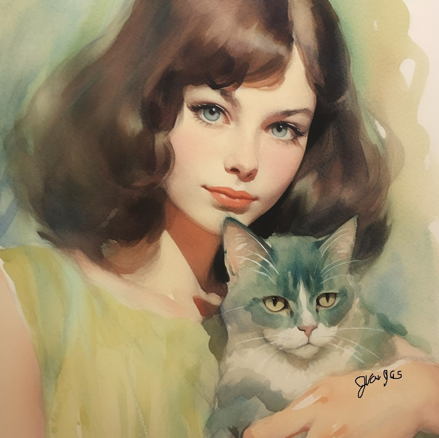 Cat Vintage Watercolor Painting 1960s Art Print 8.5×11