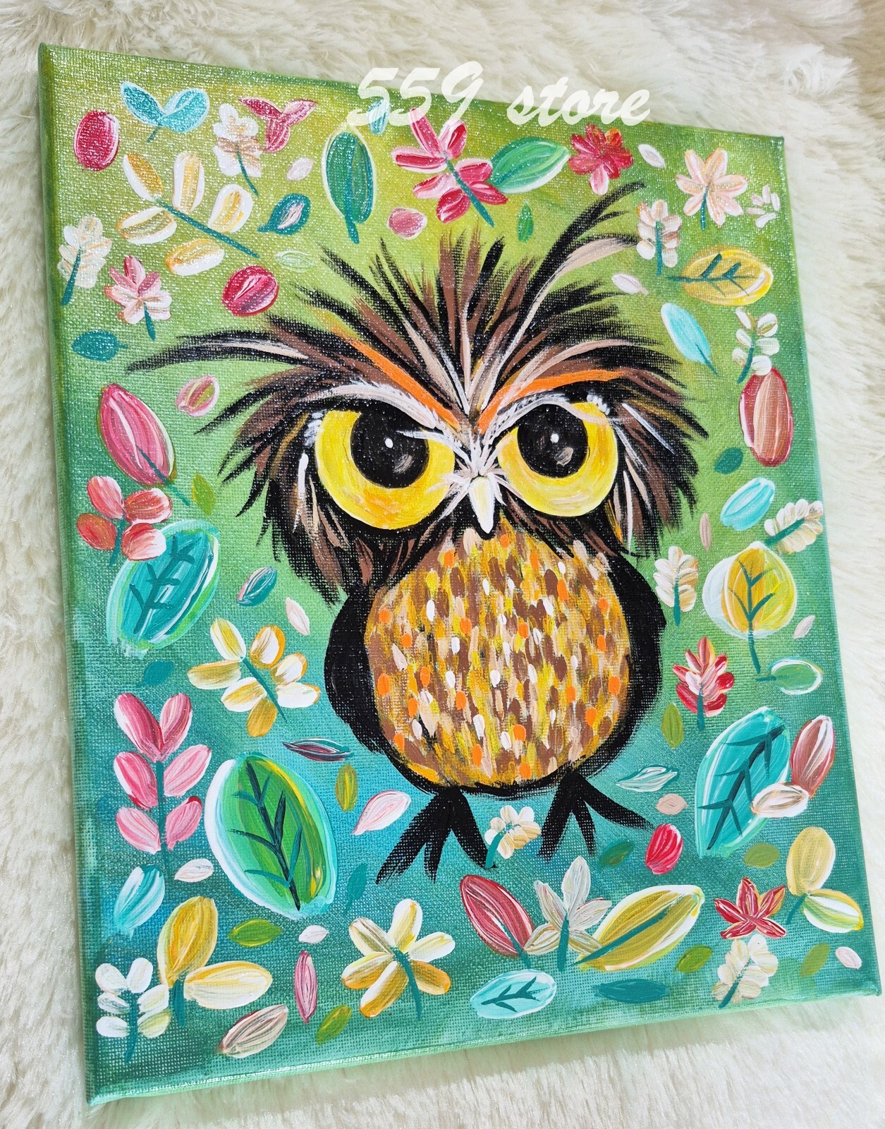 Owl painting original, baby owl wall art, spring leaves acrylic stretched canvas