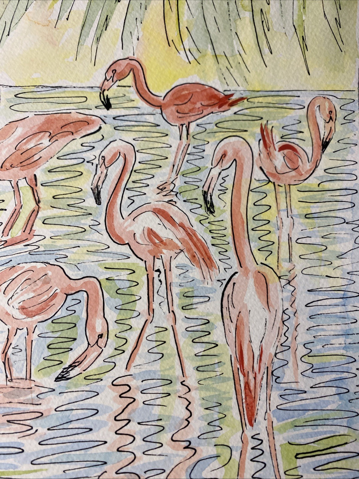 Flamingos Mixed Media Watercolor Painting Florida Watercolor Pink K C Jones Art