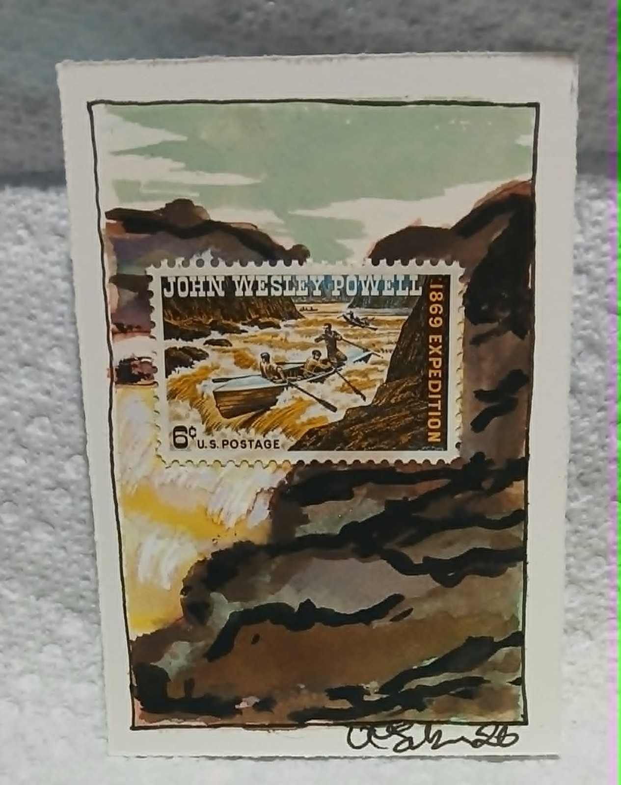 Postal Whimsy OOAK 6¢ Powell Expedition Stamp ACEO Canyon Landscape Colorado