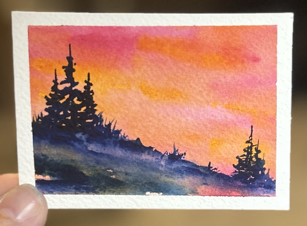 ACEO Watercolor Painting, Bright Sunset Sky Landscape, Signed Sasha Lehto