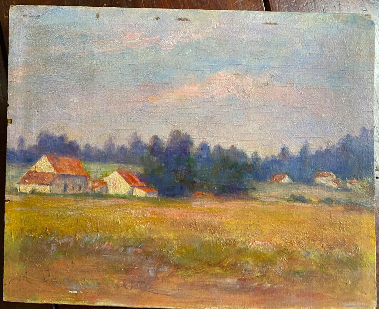 Oil painting Monogr. M.P. View of white houses on field landscape in autumn