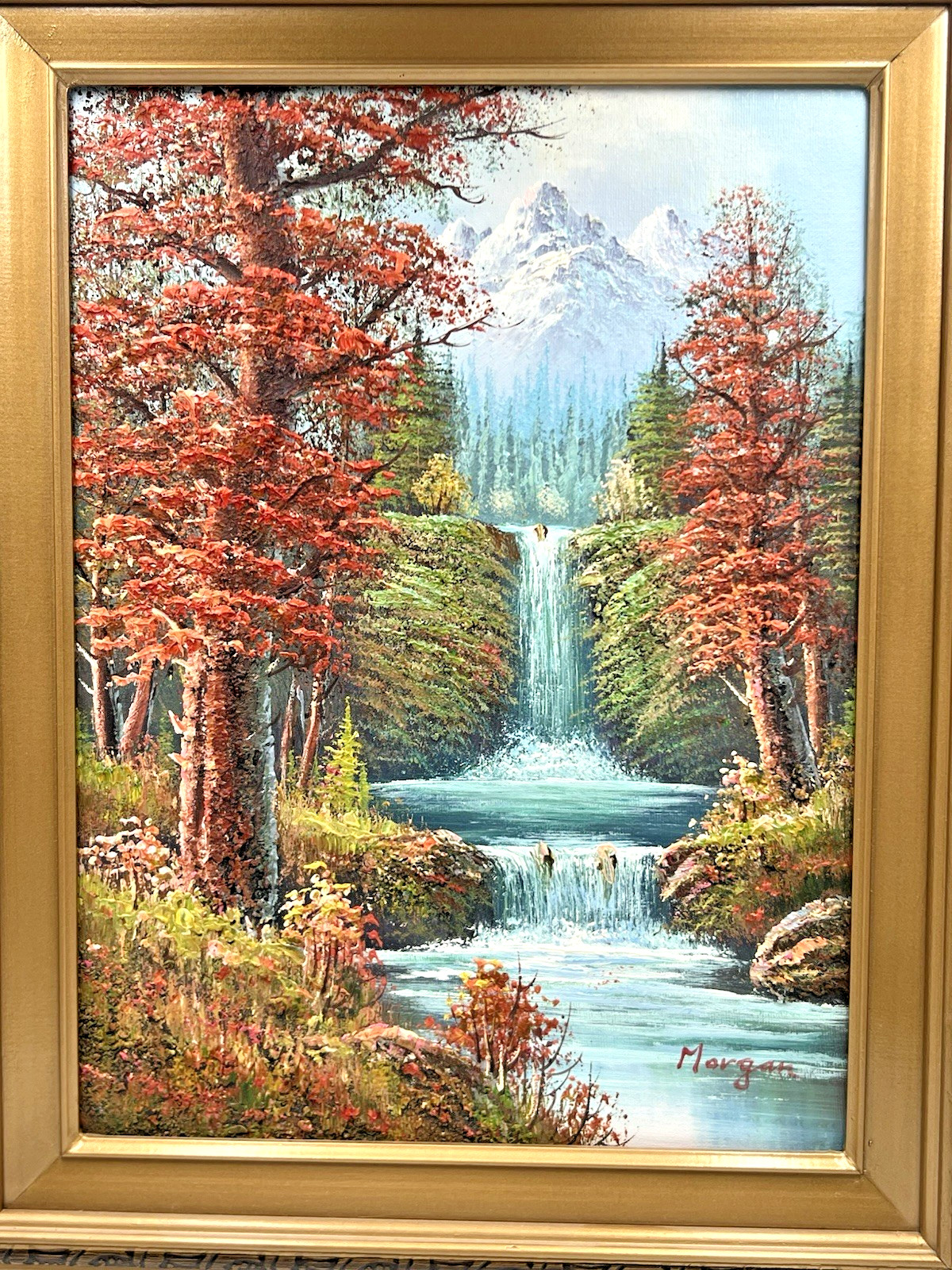 VTG Signed Framed Impressionist Oil Canvas Painting Mountain Waterfall 21½ x 17½