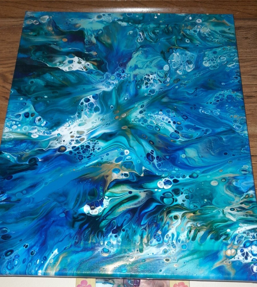 16″ 20″ inch Blue/Green fluid art/ canvas smash w/Gold,green,lake blue,white