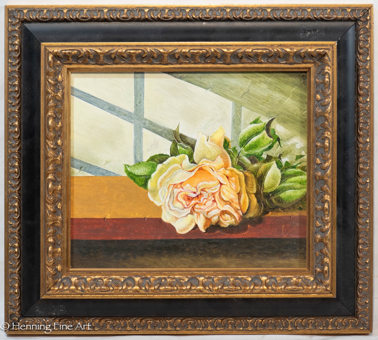 Stunning Oil Painting of Yellow Rose in Window Illegibly Signed, Fine! 16×18″