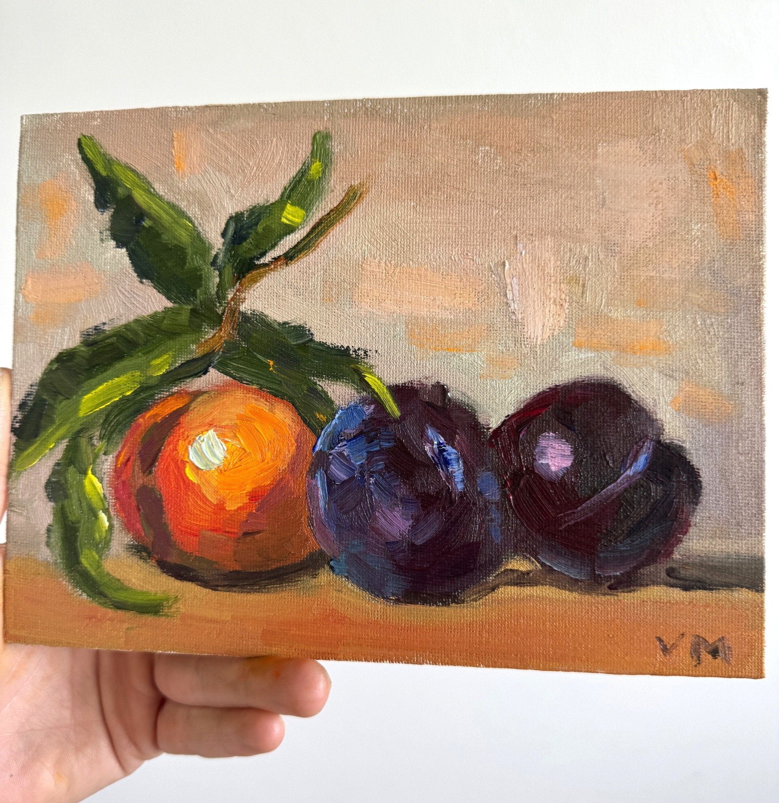 Original Oil Still Life Painting Plums Tangerine Impasto Canvas Wall Art Decor