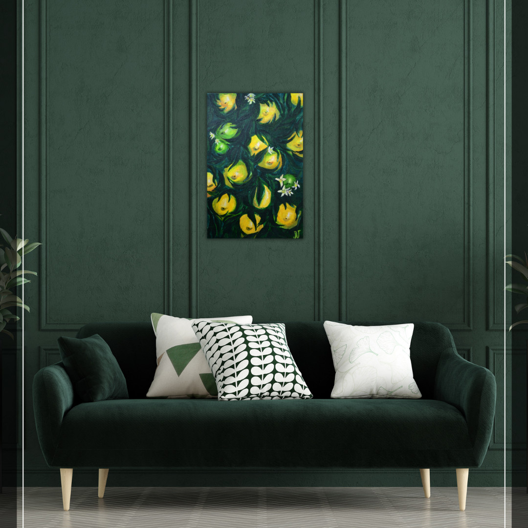 Original Acrylic Painting Citrus Fruit Lemon on the tree with flowers 16×24 in
