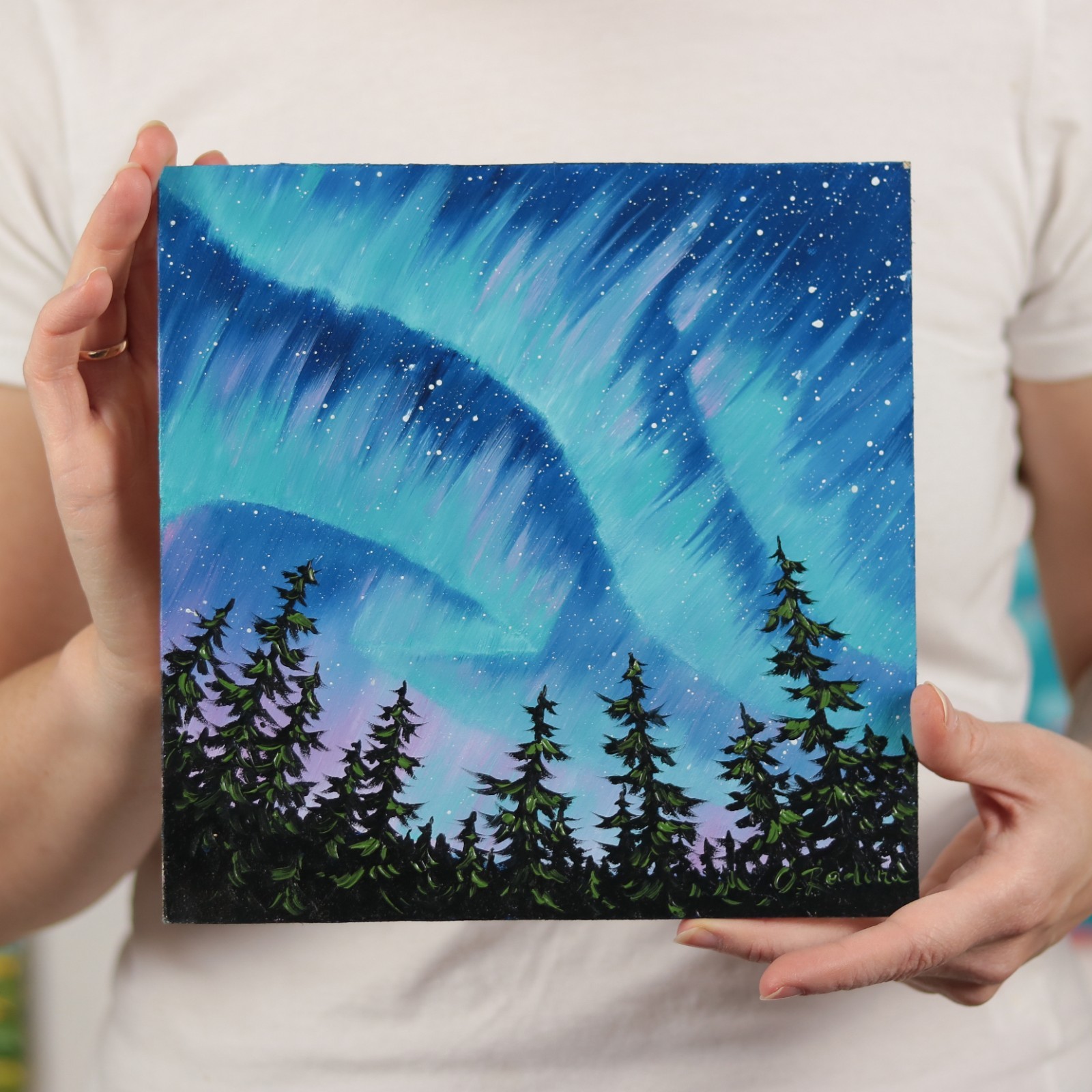 Northern Lights Oil Painting Original Pine Trees Under Aurora Borealis Night 8×8
