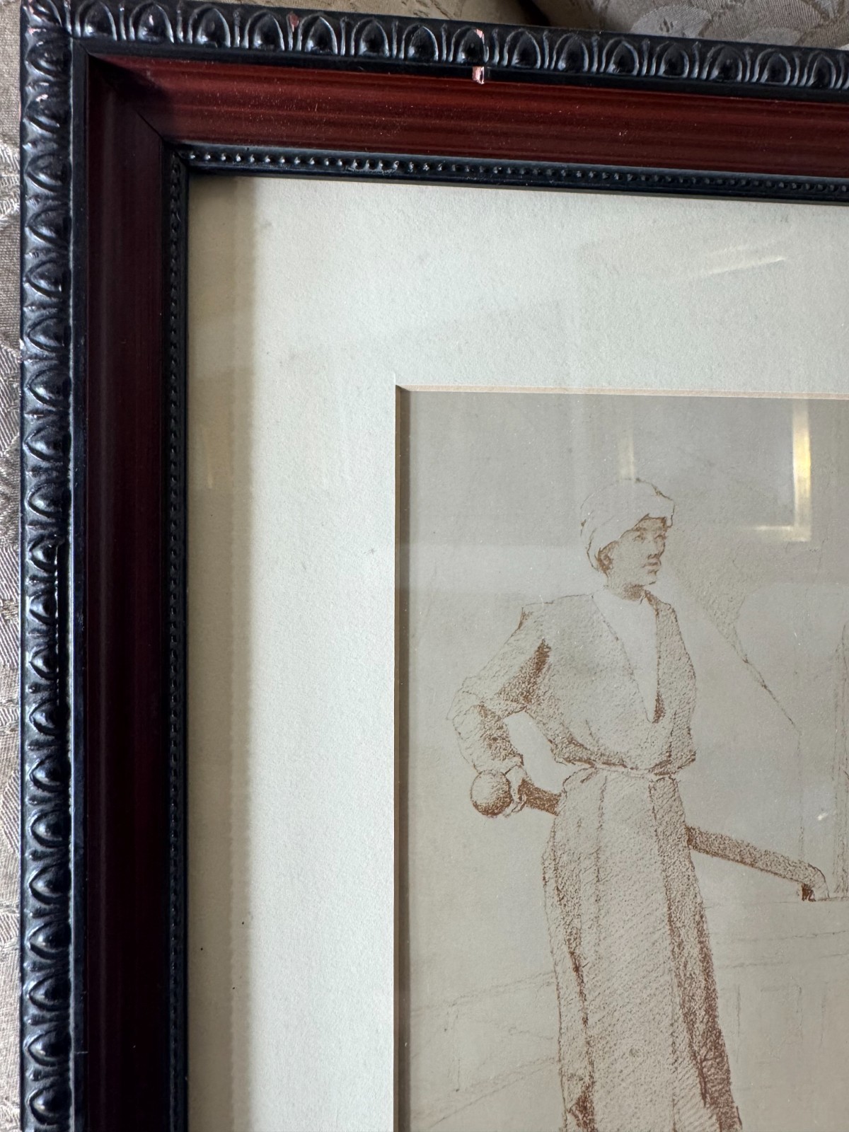 Vintage Figure Study Drawing Signed Achmet Framed Behind Glass Sepia Sketch