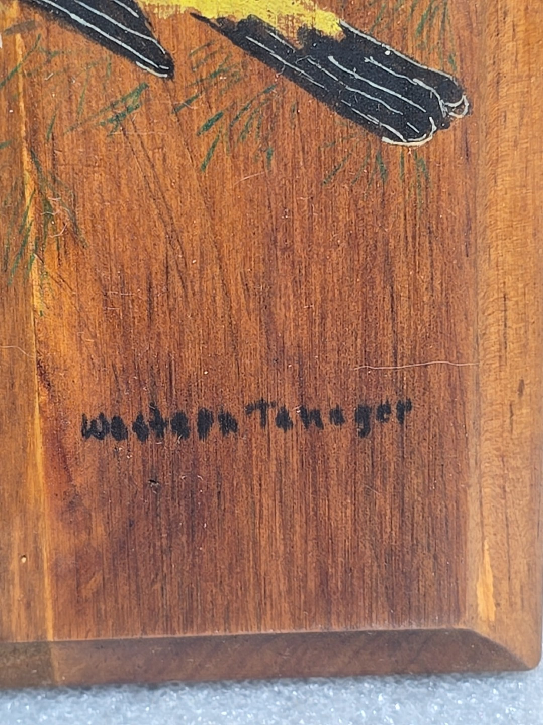 Handpainted Aritist Signed Western Tanager Bird On Wood Boothe 8″ Tall 5″ Wide
