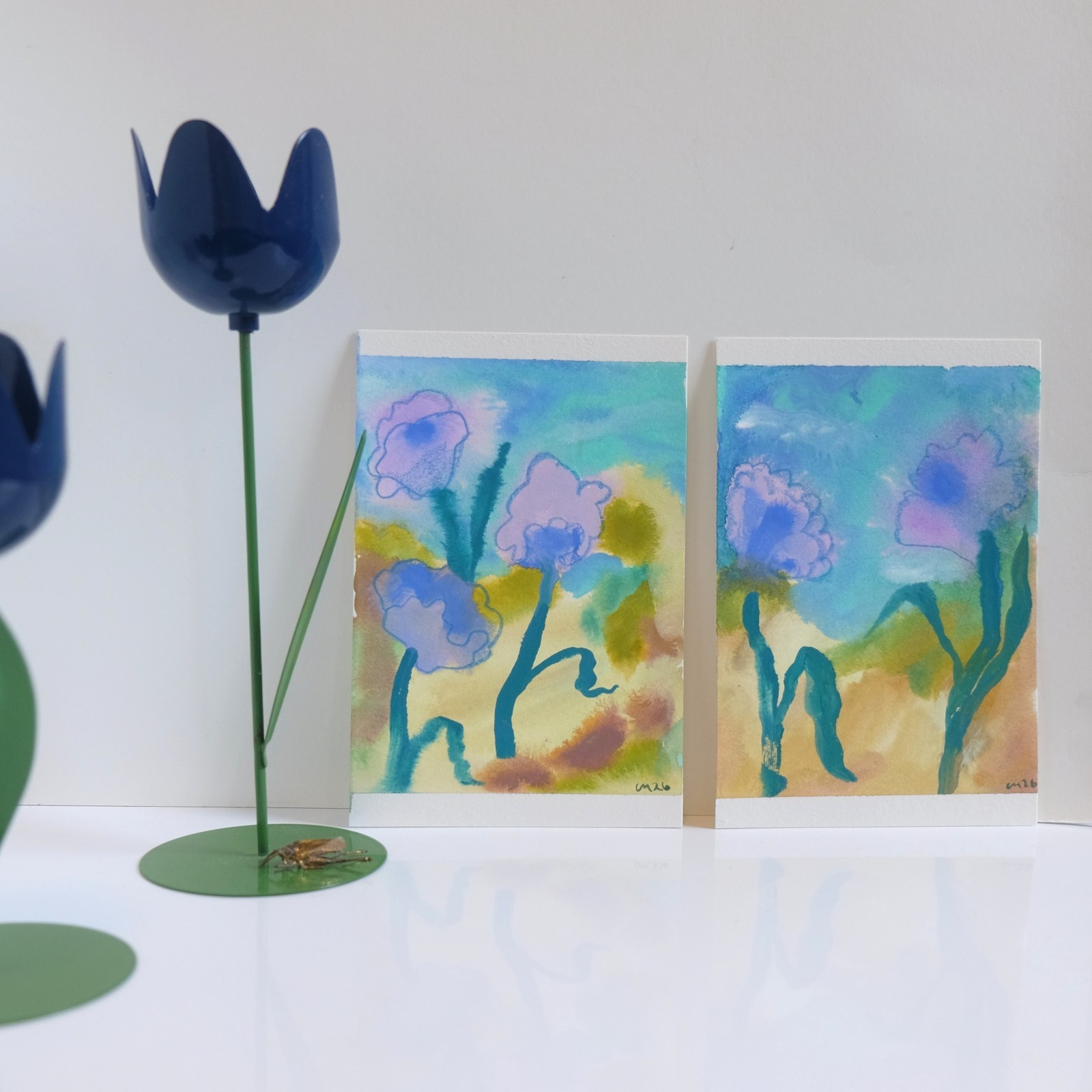 (2) Dancing Purple Flowers Floral Expressionist Dreamy Art 100% Cotton Paper 4×6