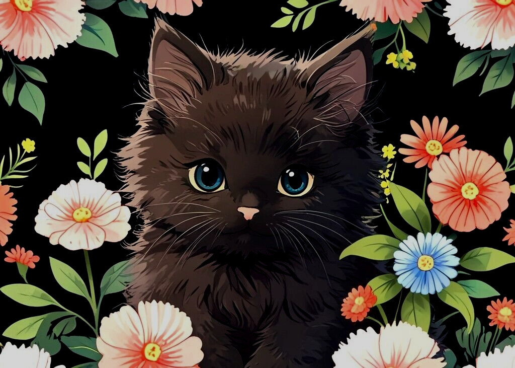 ACEO Mini *Art Print* Black Fluffy Blue Eyed Baby Cat Kitten &Flowers – Saulite