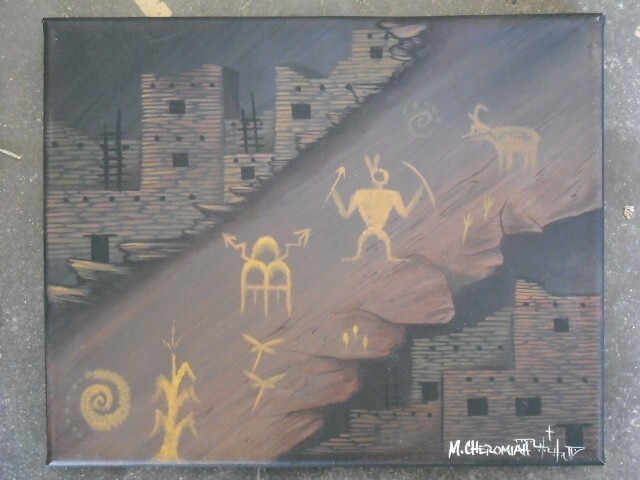 small signed Indian pueblo with petroglyphs painting by M Cheromiah
