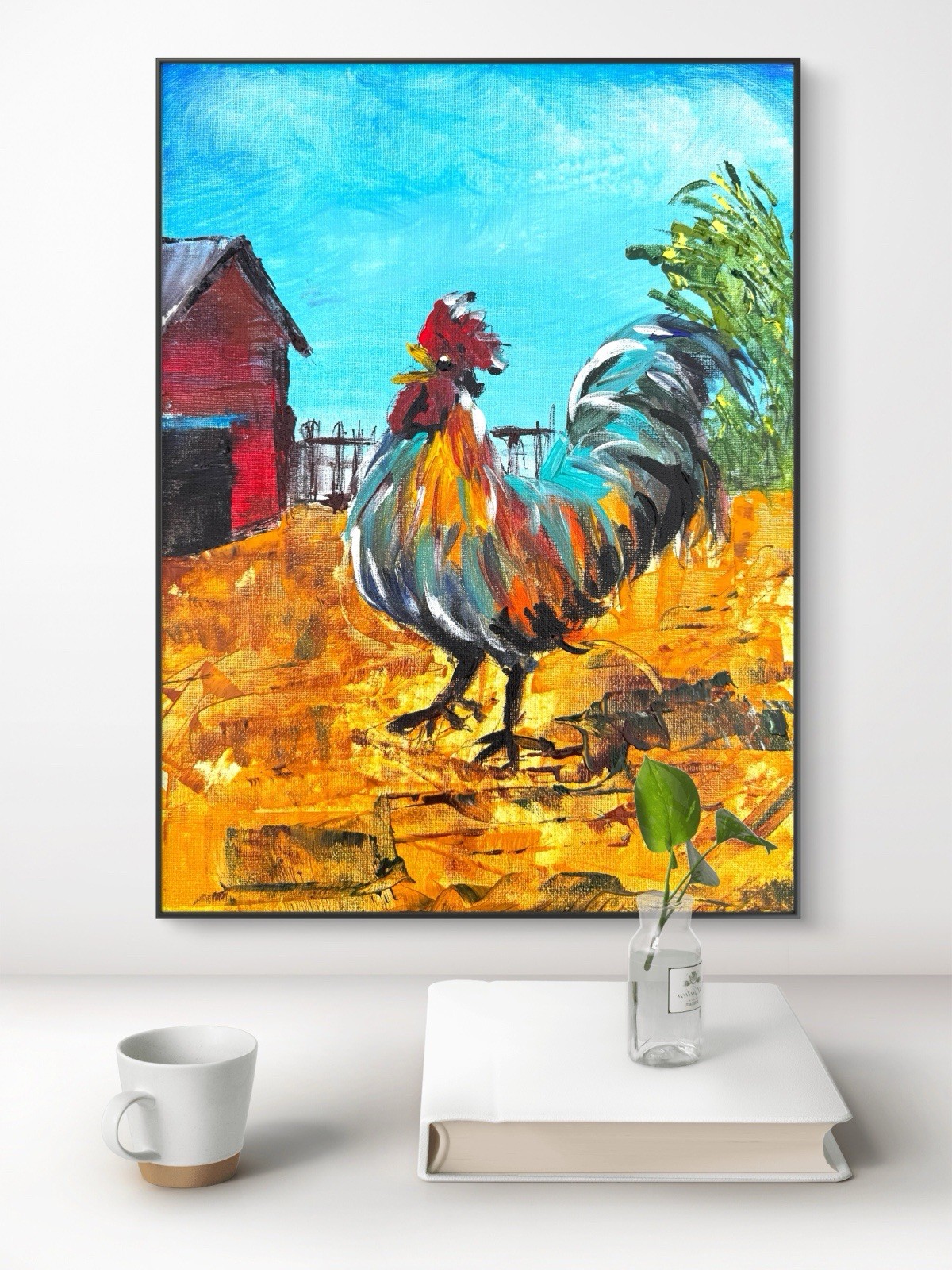 Original Fine Art 12×16 Rooster Abstract Expressionism Multicolor Signed 413