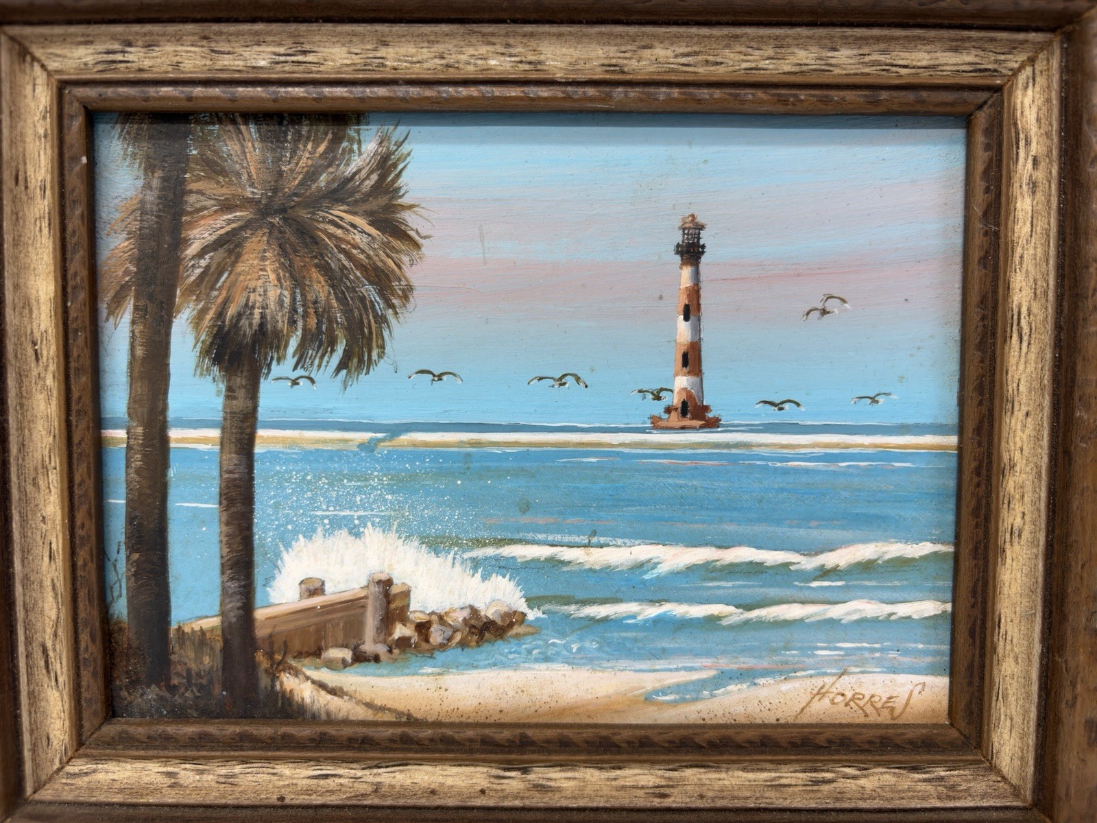 Vintage 1983 Morris Island SC Lighthouse Painting Signed Horres Framed 8.5″