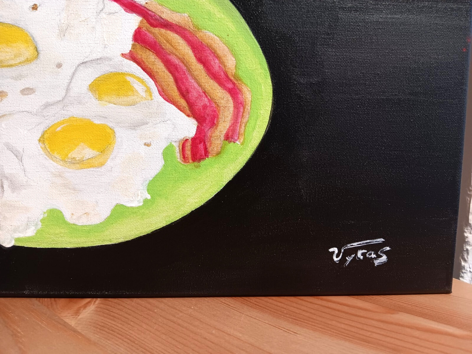 Bacon Eggs Original Acrylic Painting Canvas Signed PVytautas 20×16 in Breakfast