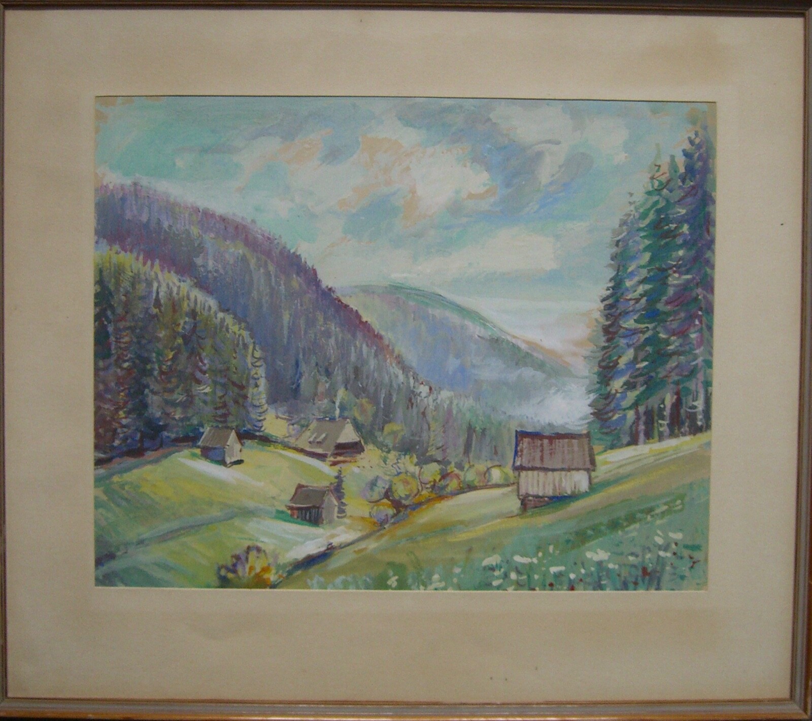 Watercolor Mixed Technique Mountains Mountain Landscape Alps Forest Hut Antique