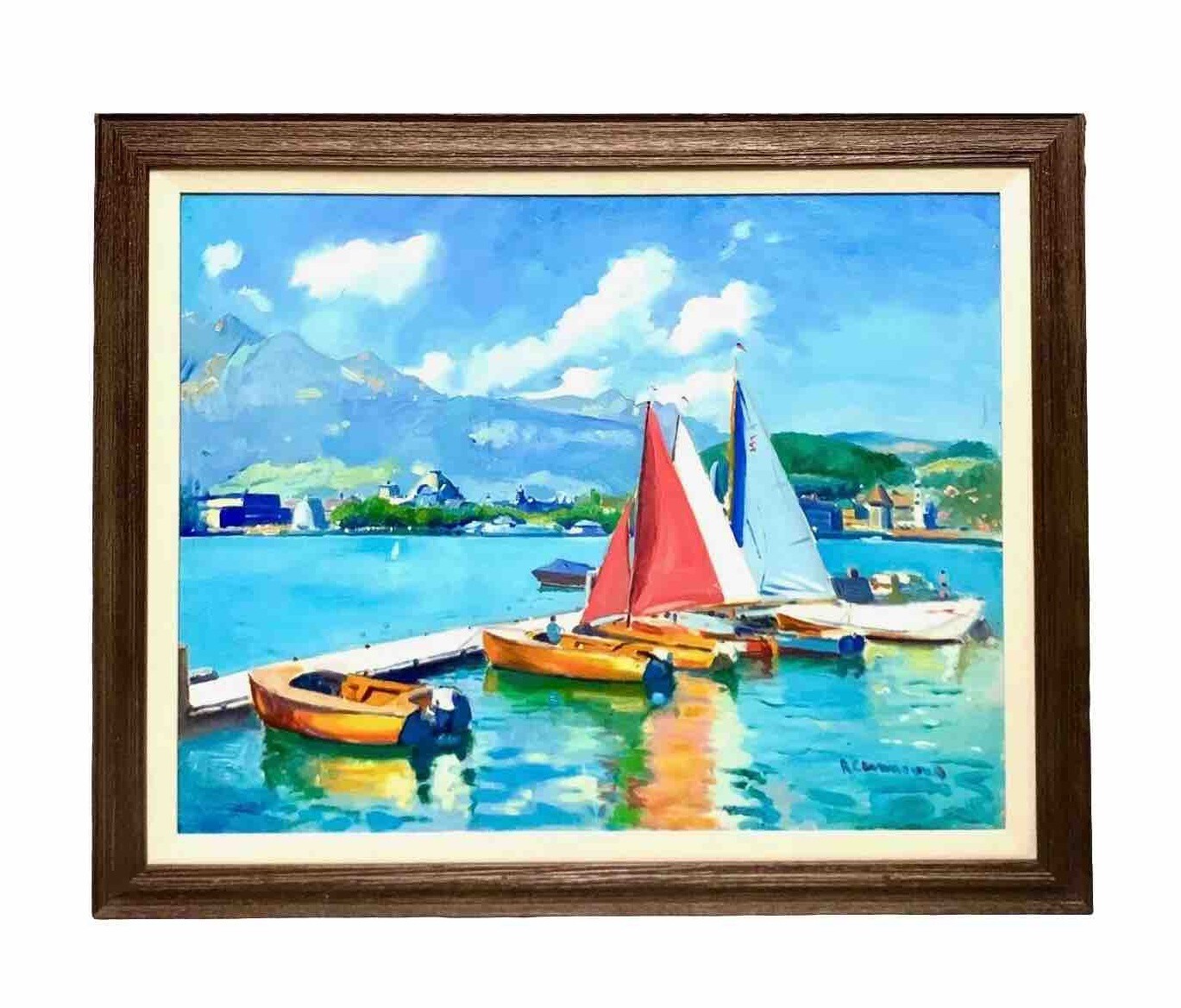 Painting Sailboat by Port in Spain Summer Day Large Vintage Nautical Acrylic Art