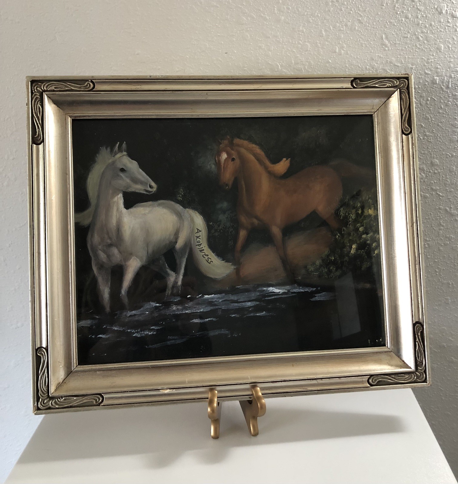 VTG Original Signed Oil On Canvas Painting Two Horses Wading In Water Framed 17”