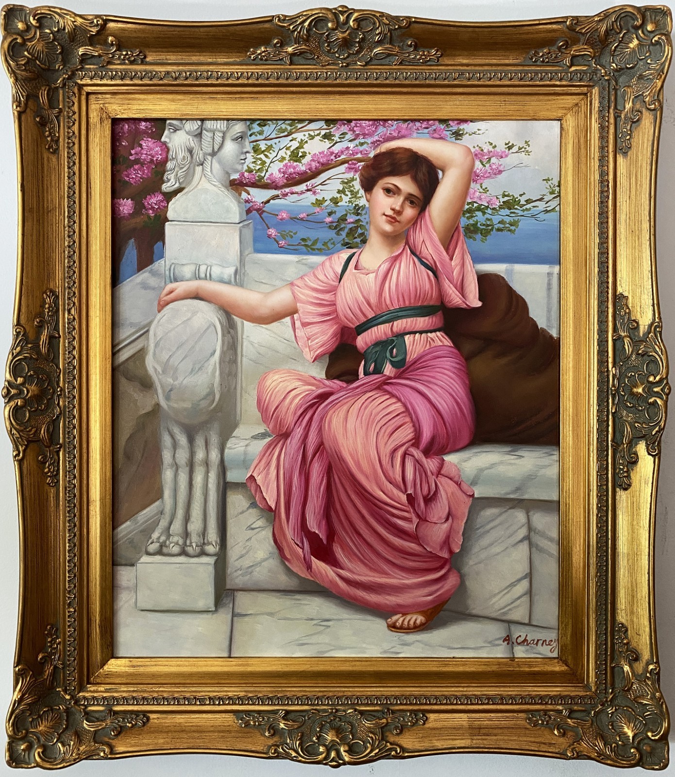 Large Oil Painting – Beautiful Woman in a Roman Garden – Ornate Gold Frame