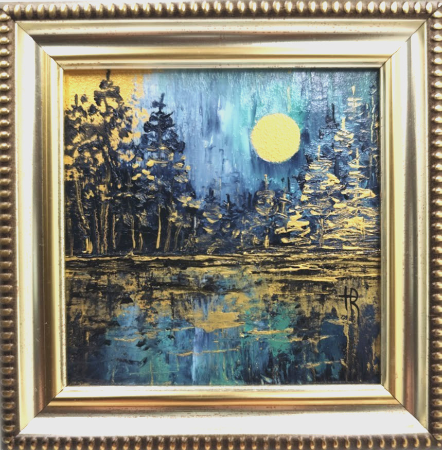 Original Oil Painting 4×4 in Framed Signed Gold Magic Forest Impasto Art