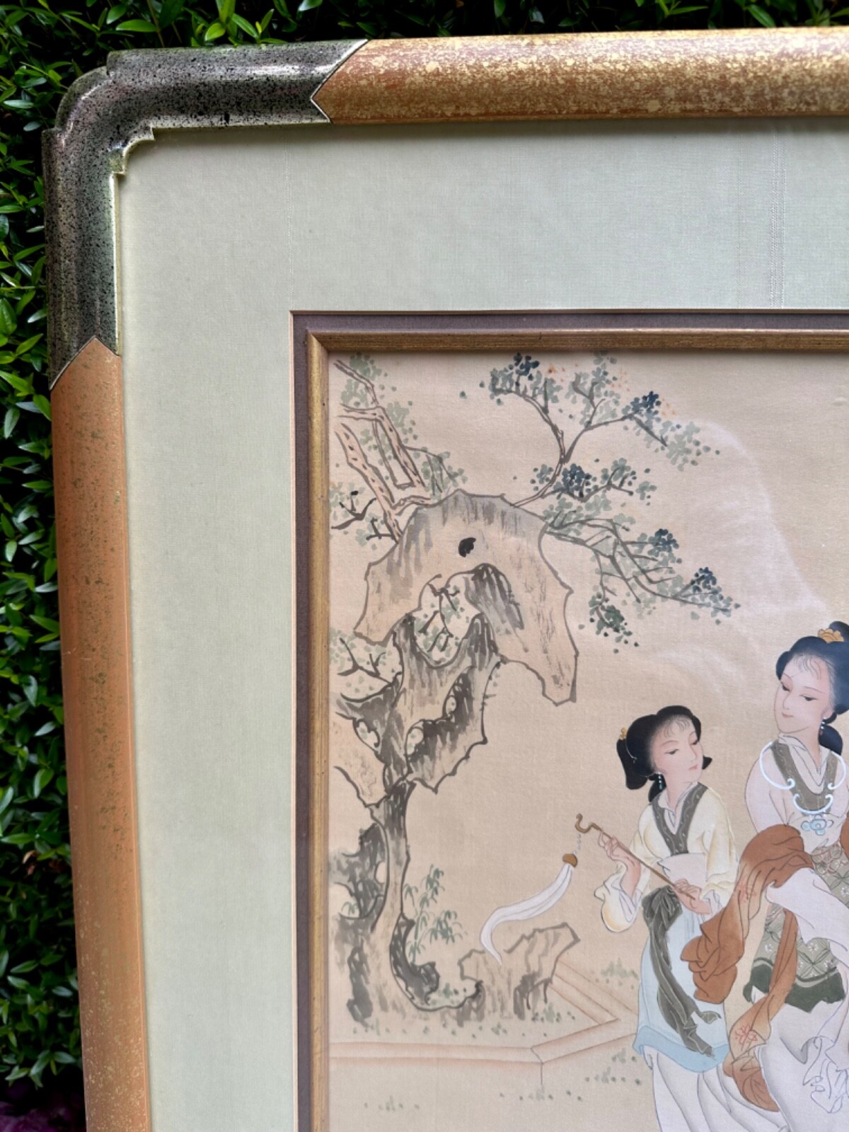 Antique Asian Pair of “Two Women in Garden” Framed Ink & Colors Silk Paintings