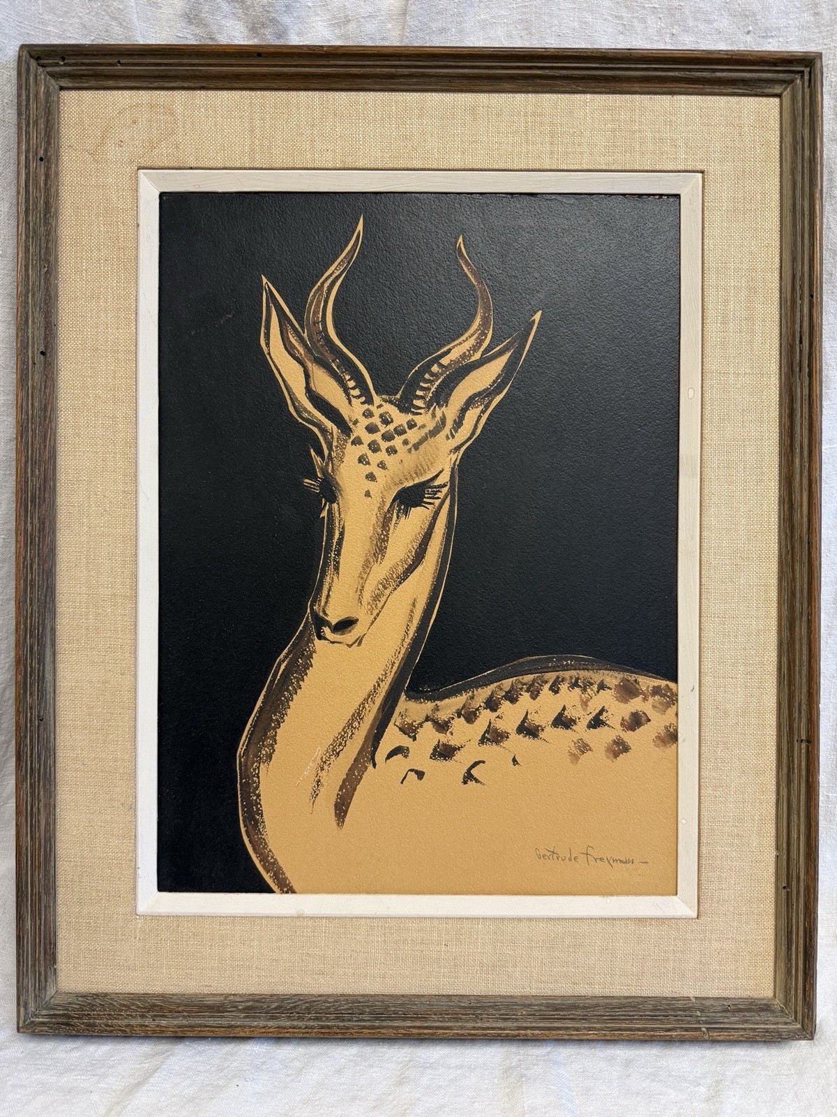 Vintage MCM acrylic gazelle african antelope painting original Gertrude Freyman
