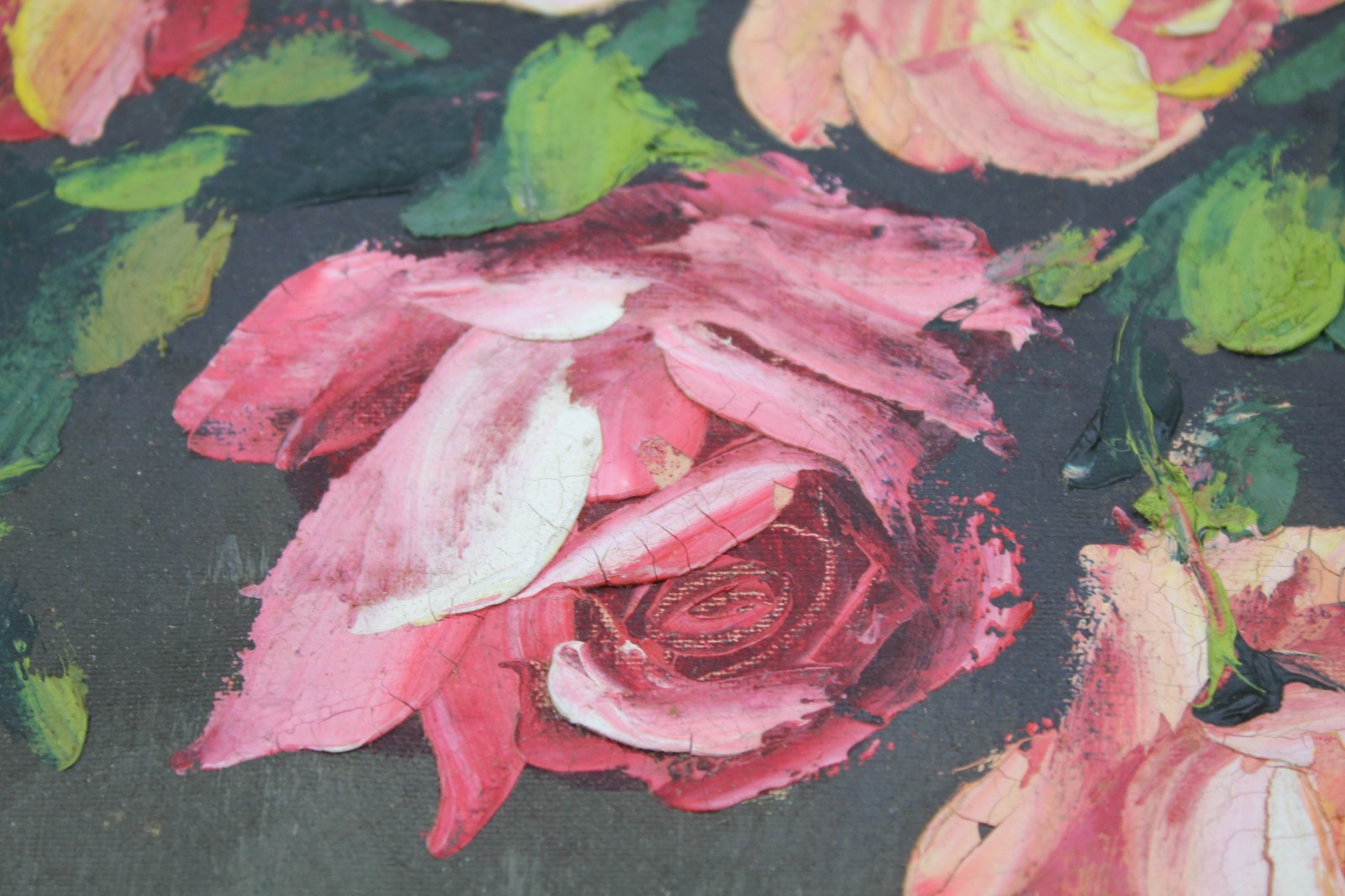 Vintage Original Oil Painting on Canvas Pink Roses in a Blue Vase 16×20” Vintage