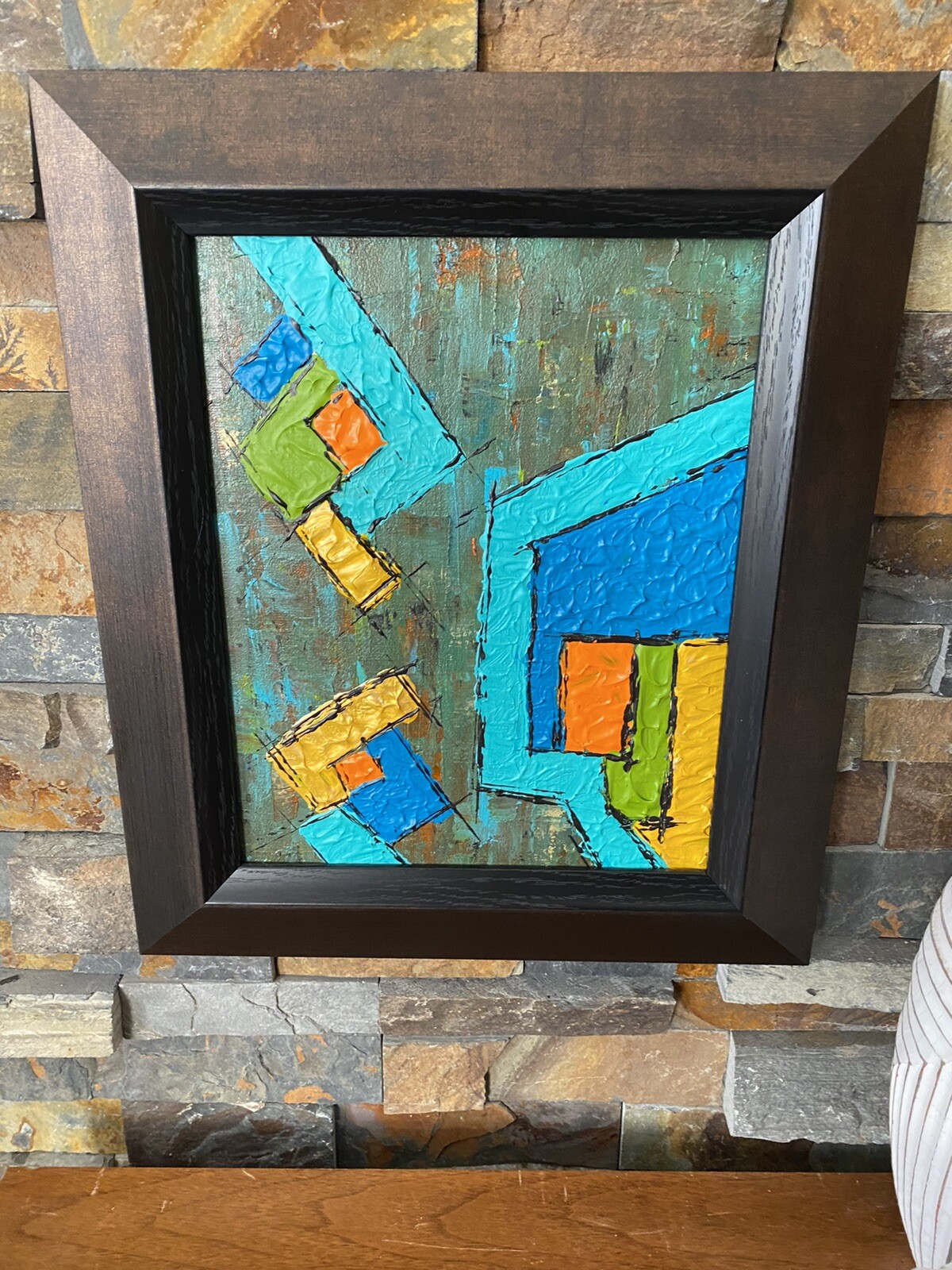 Mid Century Modern Abstract Acrylic Painting Blue Orange Green Yellow