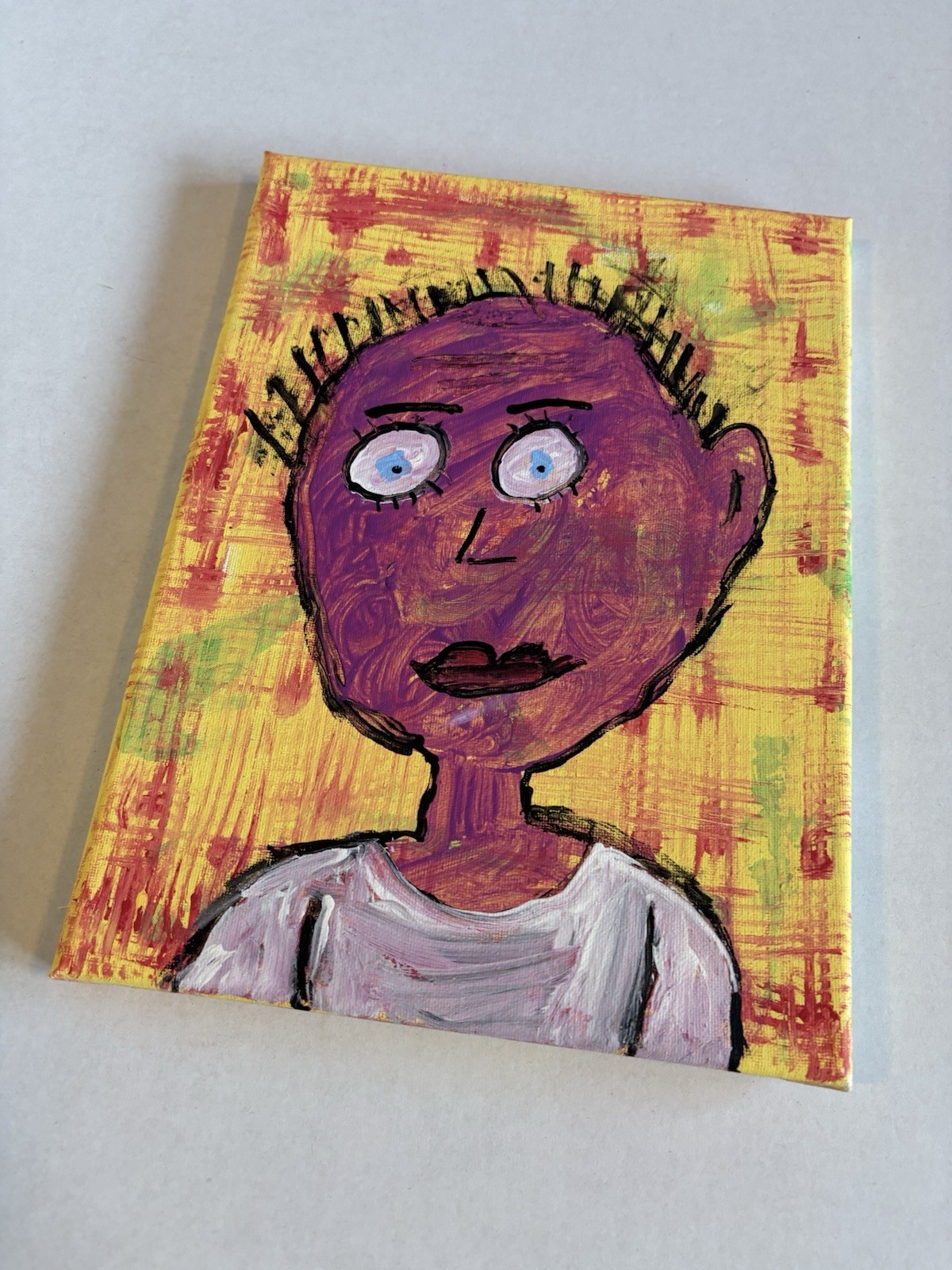 Lady Face Exasperated Figural Wall Art Yellow Red acrylic Canvas Painting NAY