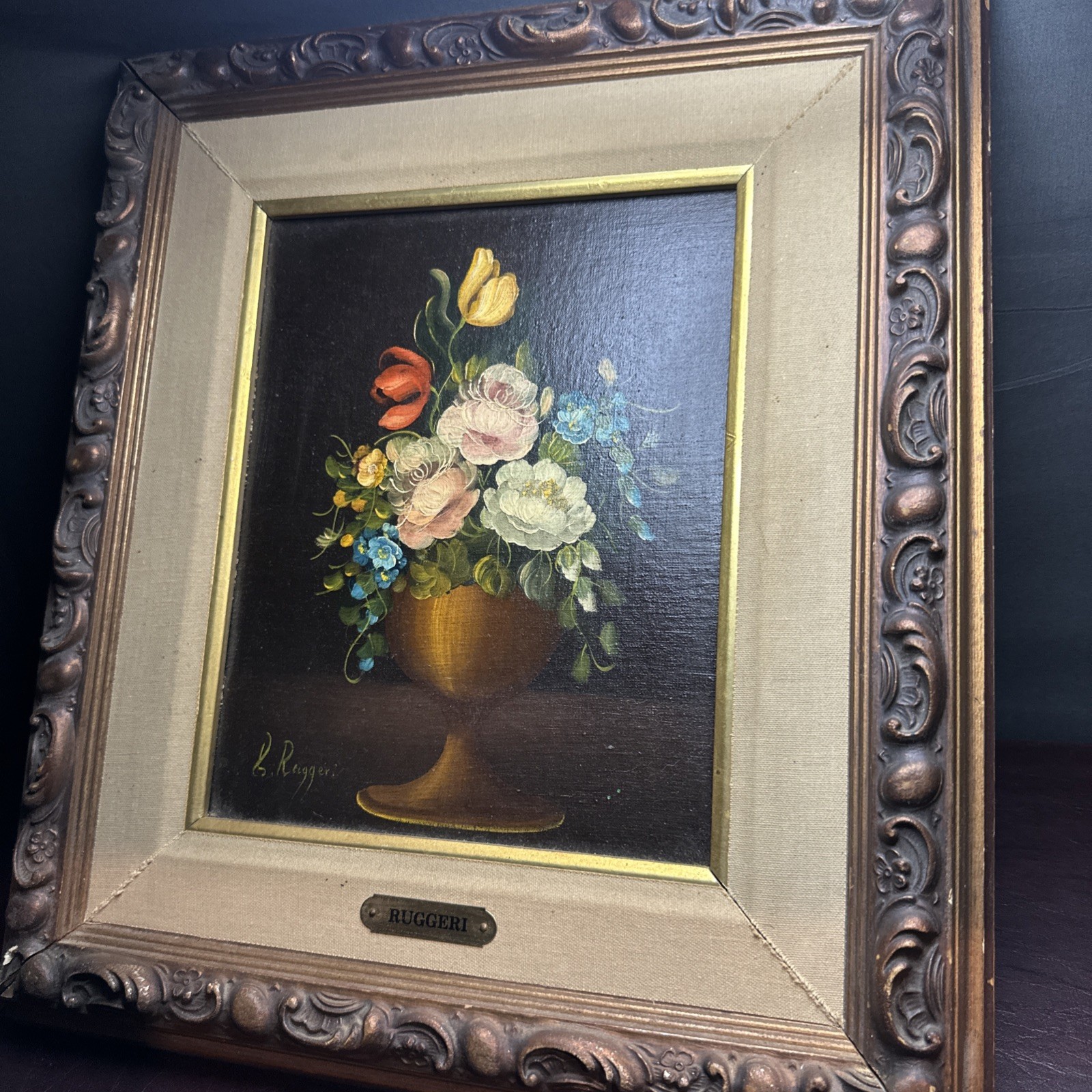 Vtg L. Ruggeri Floral Oil Painting Green Vase Framed Turner Mfg Chicago 17×14.5