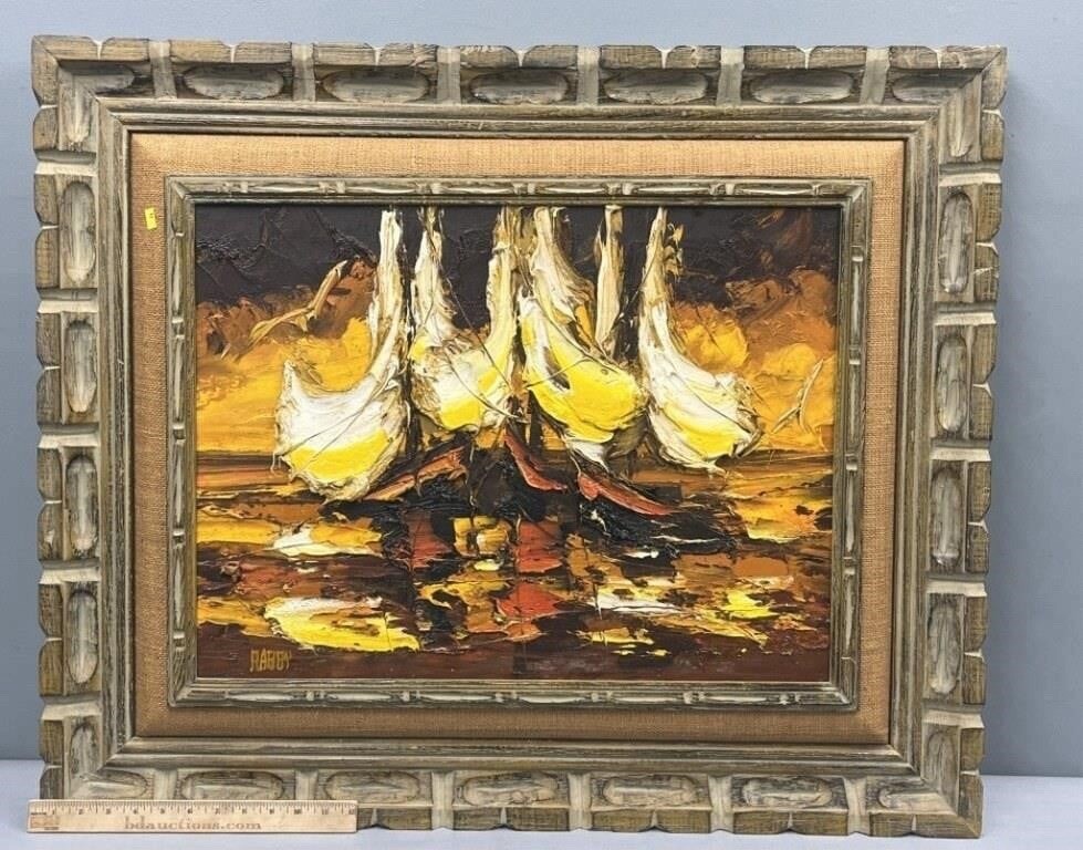 Jim Howard Rabby MCM Original Oil Painting – Sailboats – Heavy Impasto – Framed