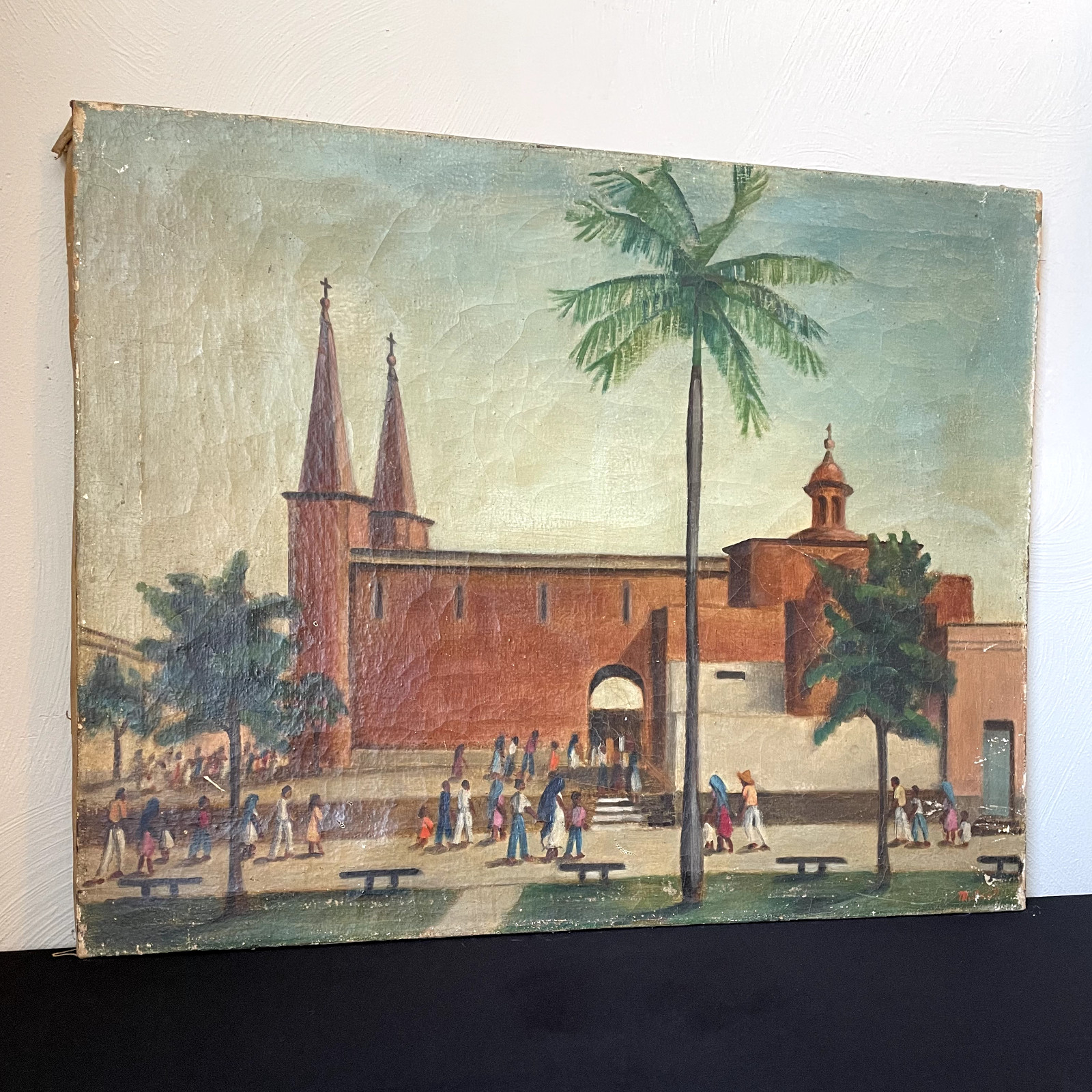 VINTAGE SOUTH AMERICAN MEXICO STREET SCENE CHURCH REGIONALISM Signed M Scott