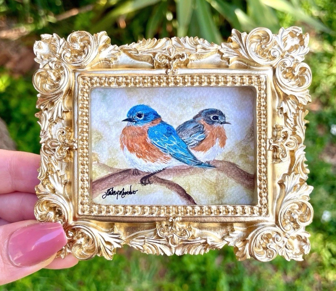 Bluebird Duo mini watercolor bird print in gold vintage ornate frame
