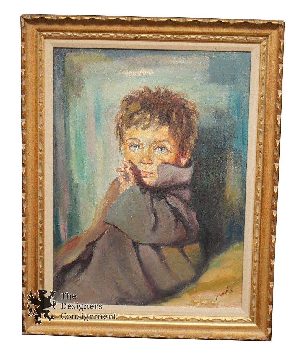 Impressionist Still Life Painting Little Boy Portrait Oil on Canvas Framed 29″