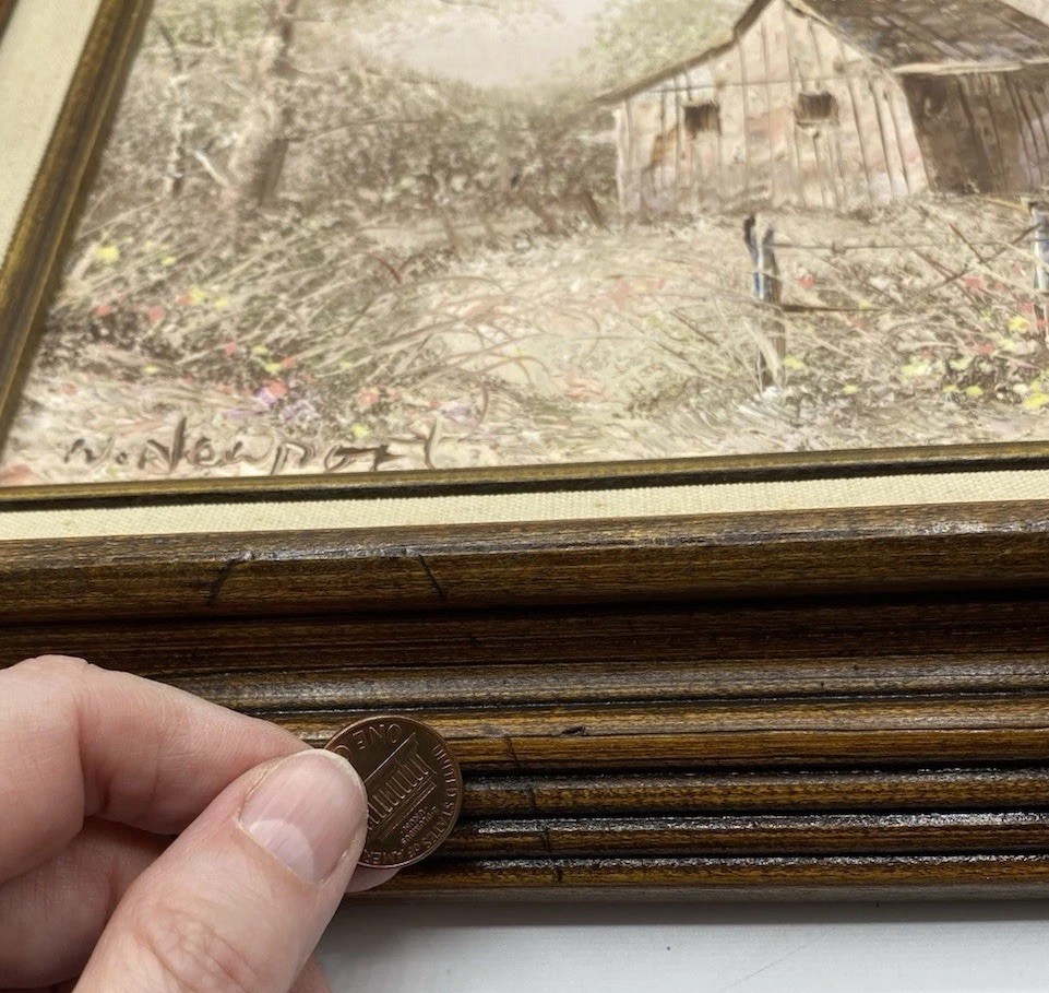Vintage William Newport Barn Oil Painting Signed Landscape Linen Frame