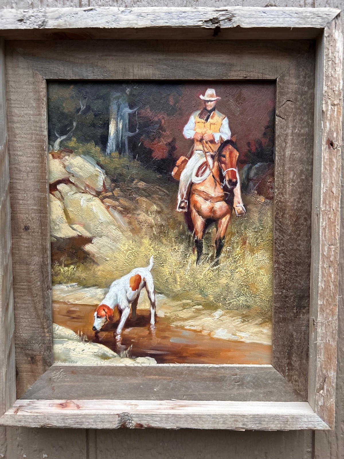 Cowboy and his Dog- Oil Painting Signed Framed