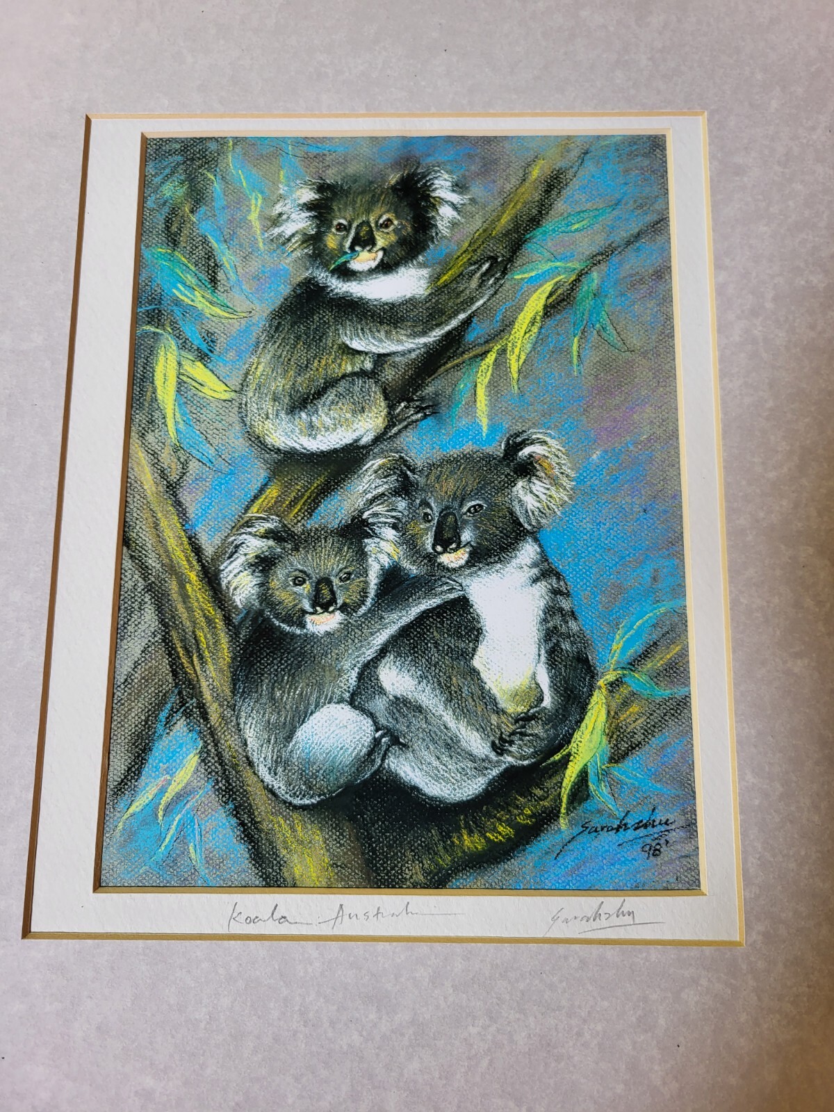 Framed Original Watercolor, Koala Bears Australia Artist Sarah Zhu Hand Signed