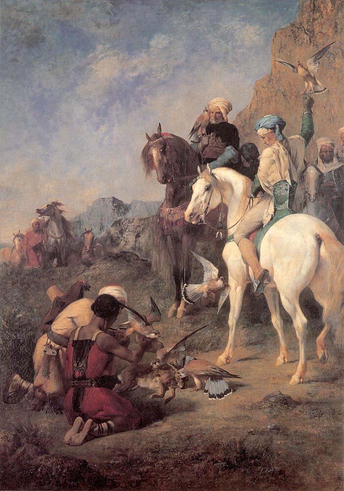 Oil painting arab horseman horse Falcon-Hunting-in-Algeria-Eugene-Fromentin art