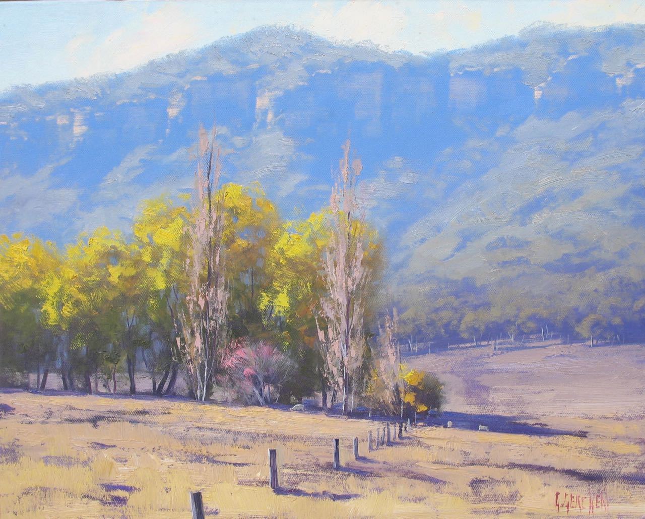 BEAUTIFUL ORIGINAL AUSTRALIAN OUTBACK LANDSCAPE OIL PAINTING RANCH MOUNTAINS ART