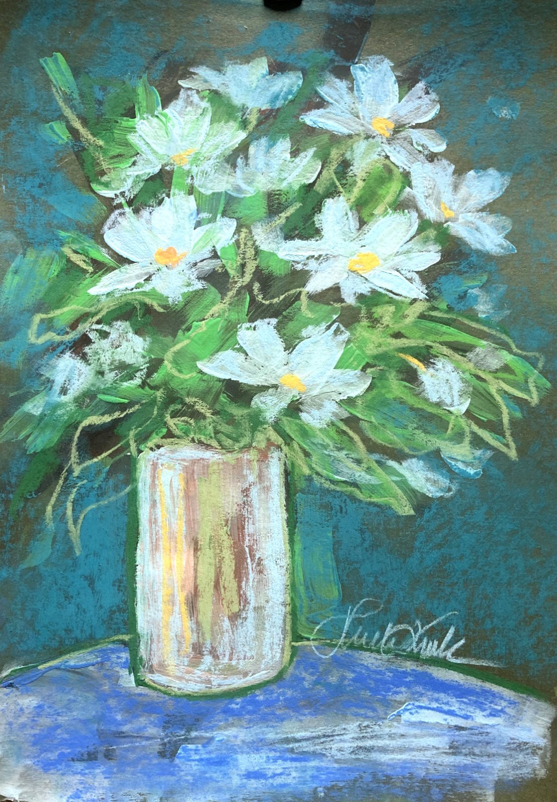 Flowers in Vase Landscape Original Pastel Painting Margaret Raven