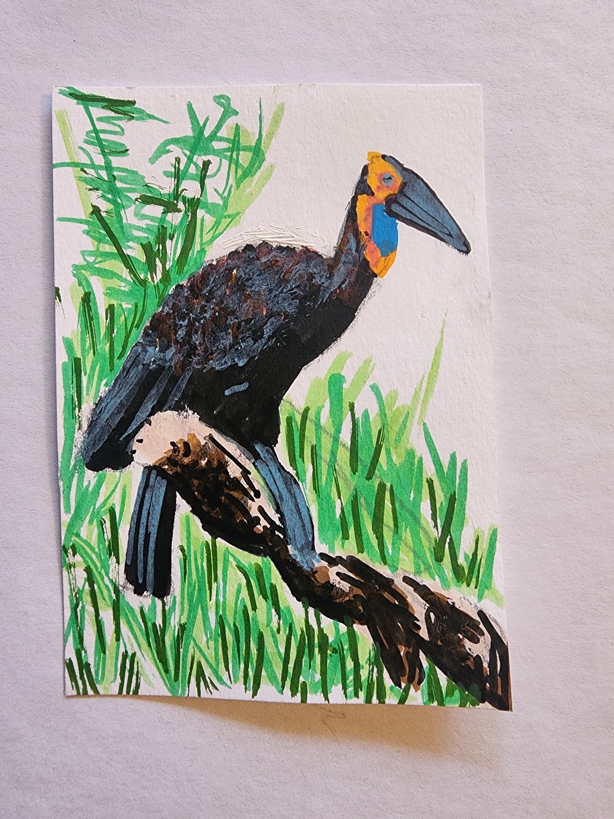 ACEO Original Acrylic Painting Large Hornbill Bird on Branch by Kiva