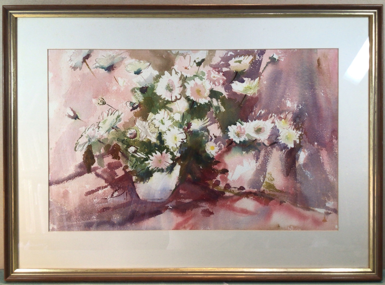 Joyce Jones Pink Chrysanthemums Framed Watercolour Painting 1980s
