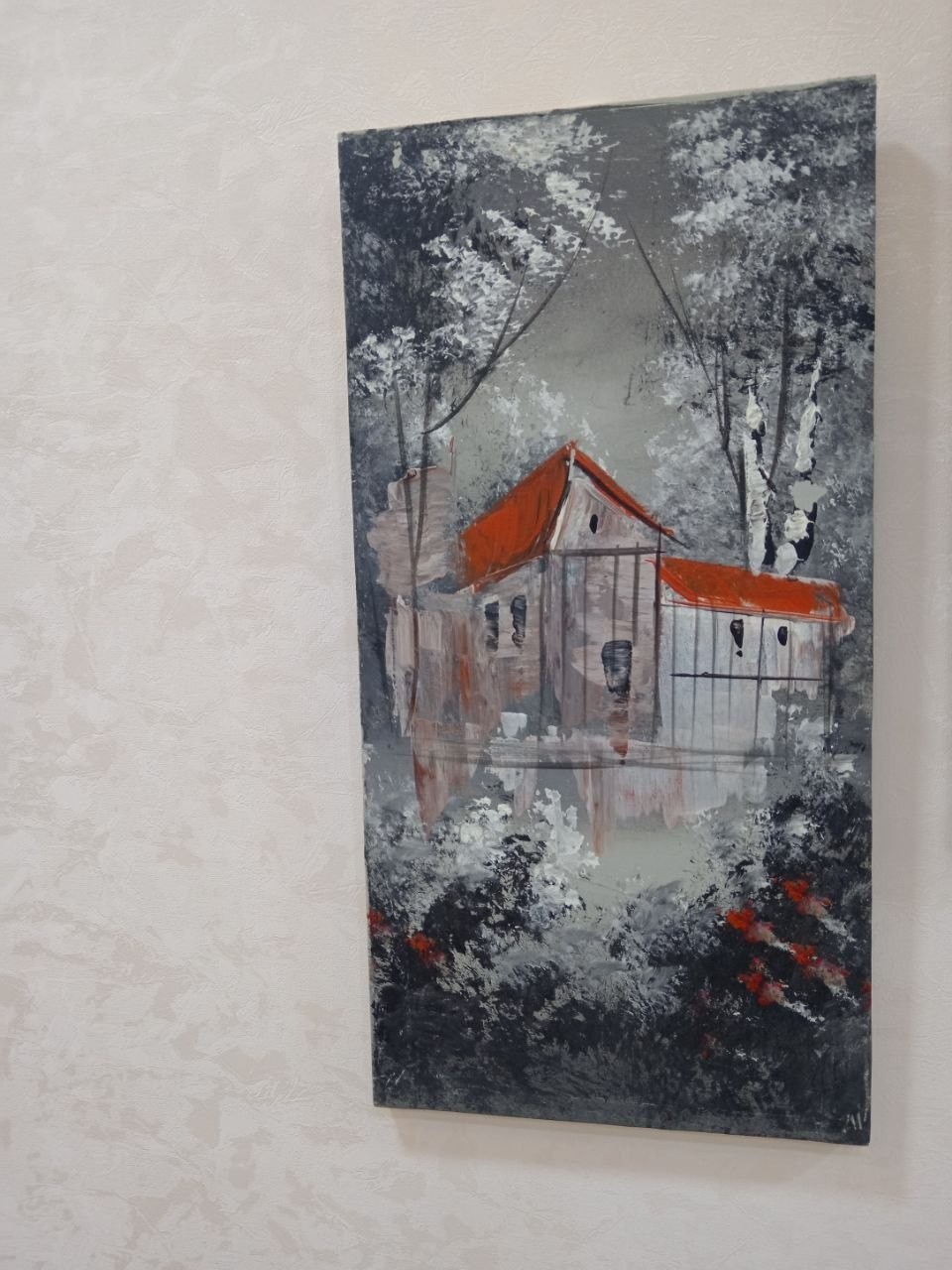 4PC Hand Painted Acrylic Landscape Canvas Art Set Grey Black White Pop of Red