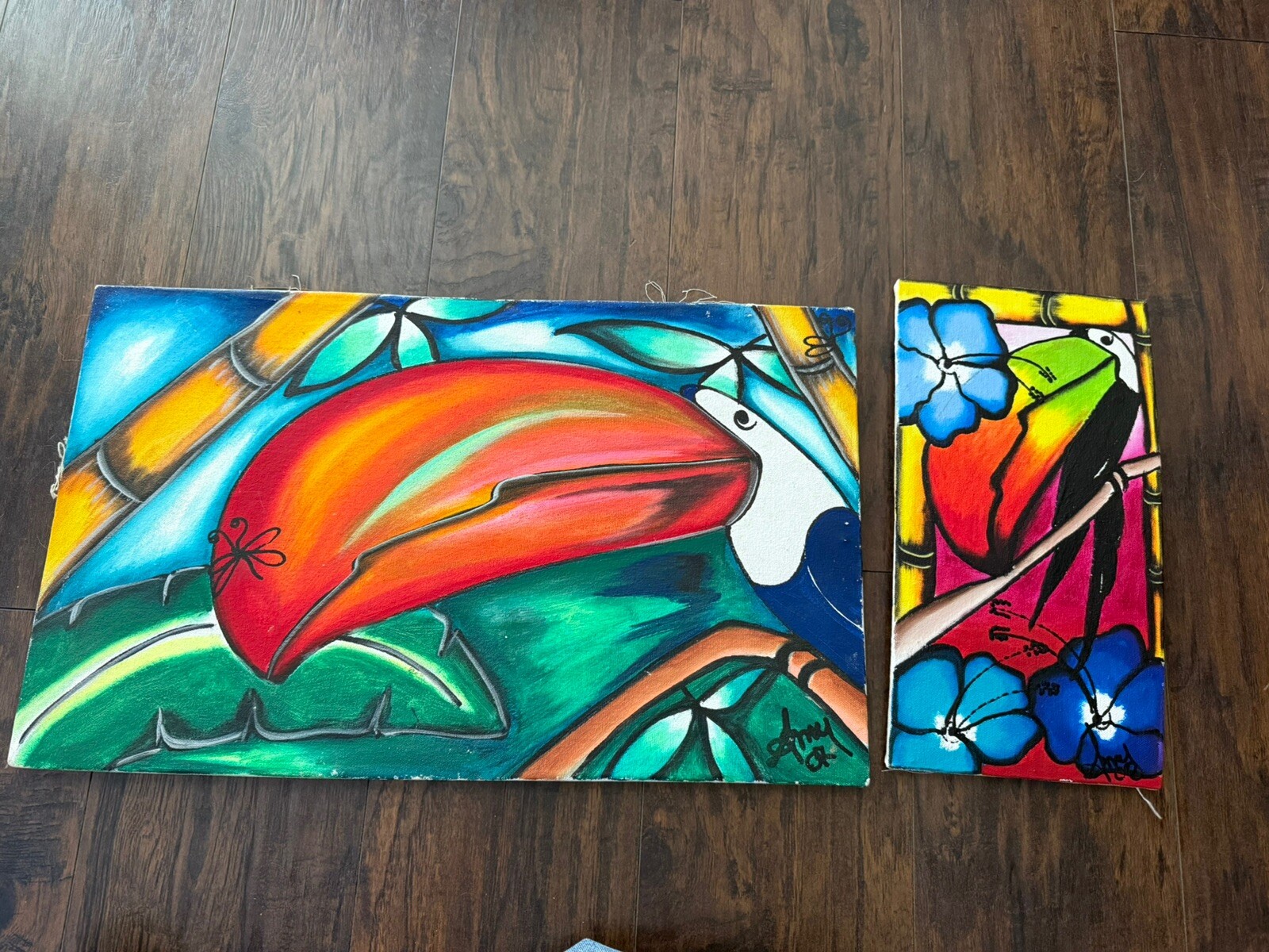 Original Costa Rica Folk Art Signed Painting on Canvas Colorful Toucan Tropical