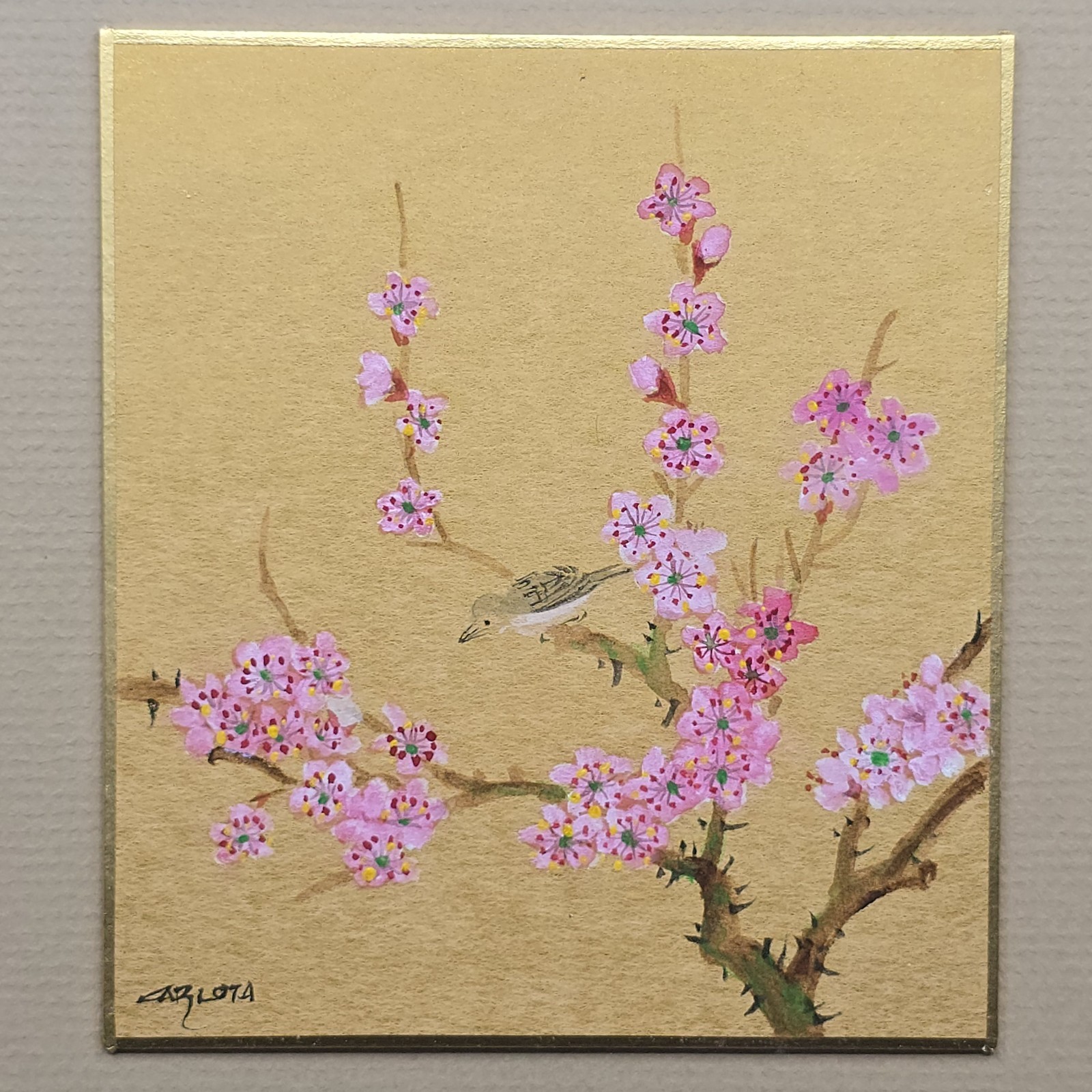 Vtg 3 Original Panel Cherry Blossoms & Birds Watercolor Paintings Framed