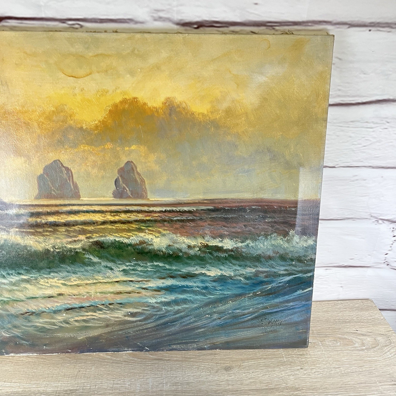 Original Vintage Ocean Waves Beach Sunset Oil Painting Franz Wallis Waldner 36″