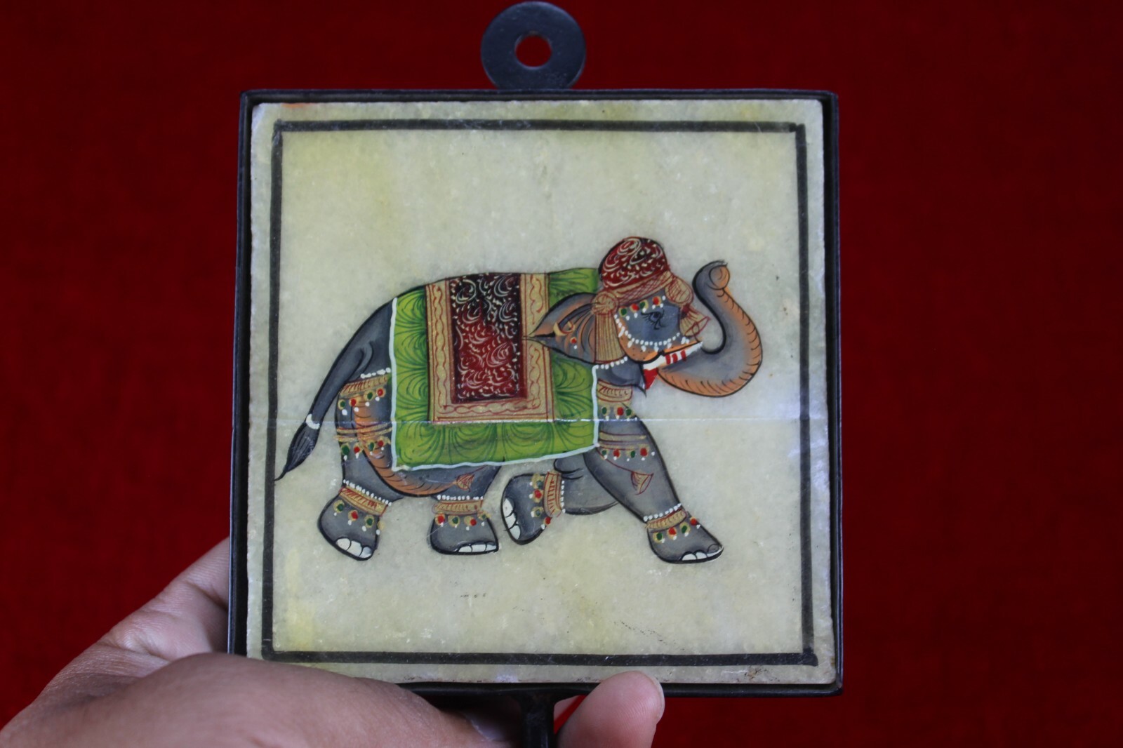 Iron Wall Hook with Hand-Painted Elephant Marble Tile Vintage Indian Home Decor