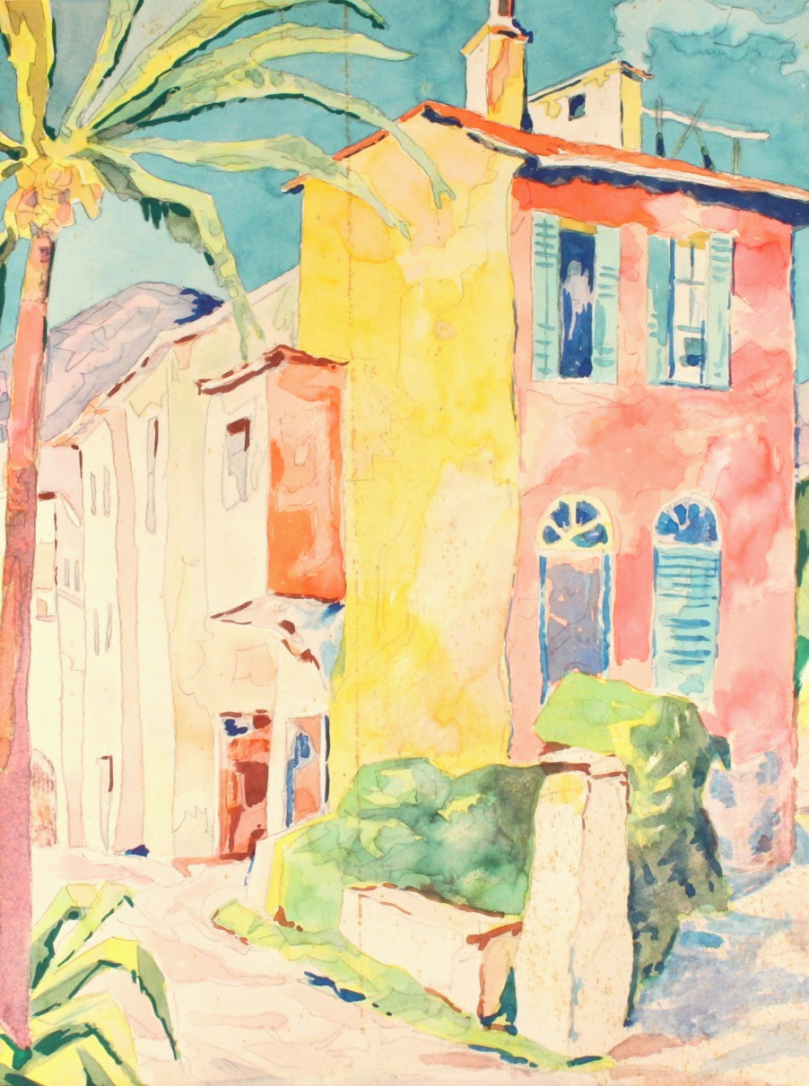 Exciting Watercolour Southern European City Architecture Probably Southern France c. 1940